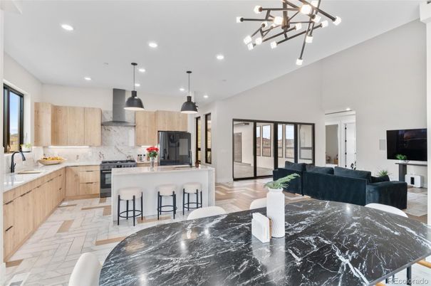 Interior, Kitchen, Living room, Marble, Pendant Lights, Recessed Lighting, Stainless Steel Appliances