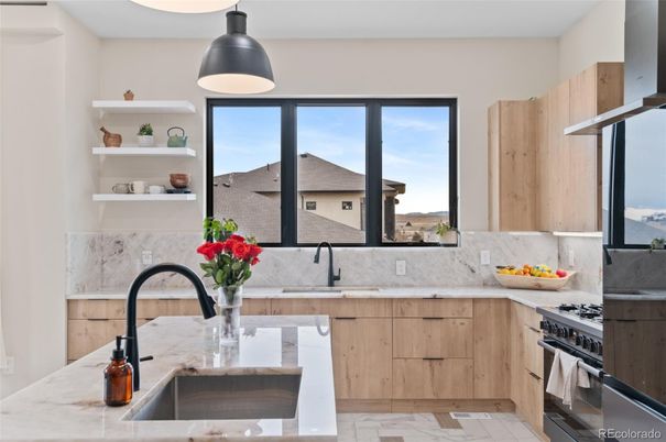 Interior, Kitchen, Marble, Pendant Lights, Stainless Steel Appliances