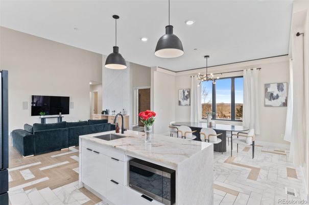 Dining room, Interior, Kitchen, Living room, Marble, Pendant Lights, Recessed Lighting