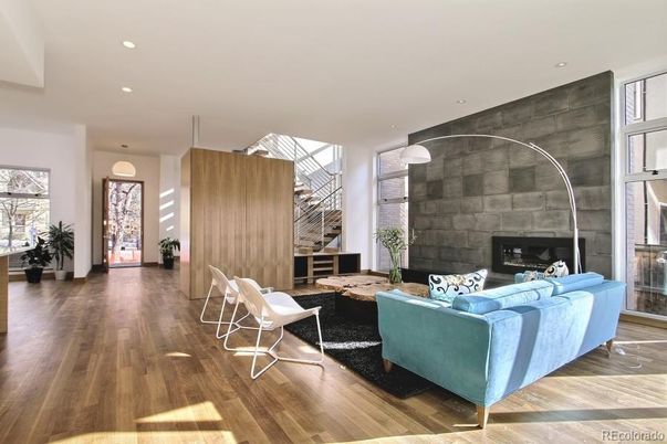 Fireplace, Interior, Living room, Recessed Lighting, Wood Texture Flooring