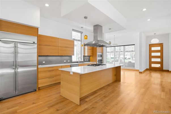 Interior, Kitchen, Pendant Lights, Recessed Lighting, Stainless Steel Appliances, Wood Texture Flooring