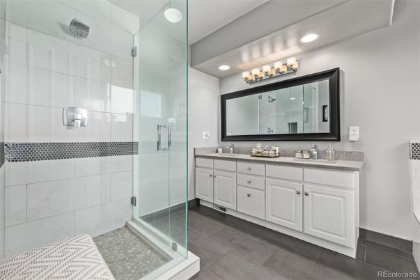 Bathroom, Dual Sink Vanities, Glass Shower, Interior, Recessed Lighting