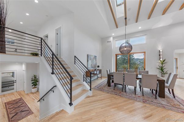 Dining room, Interior, Pendant Lights, Recessed Lighting, Wood Texture Flooring