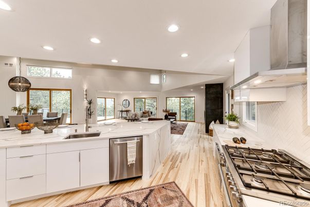 Interior, Kitchen, Living room, Recessed Lighting, Stainless Steel Appliances, Wood Texture Flooring