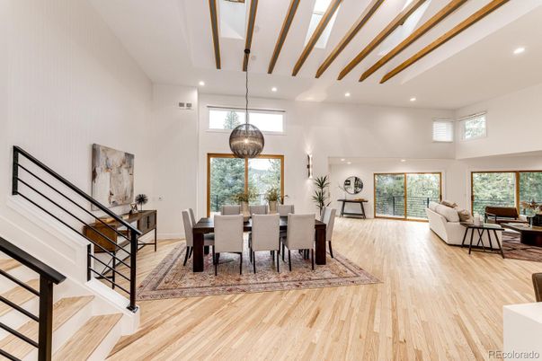 Dining room, Interior, Living room, Pendant Lights, Recessed Lighting, Wood Texture Flooring