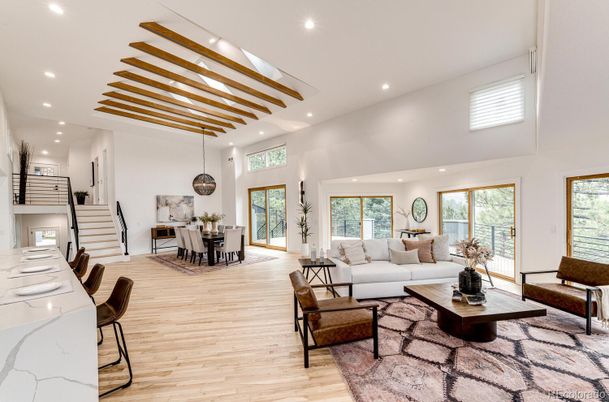 Dining room, Interior, Living room, Pendant Lights, Recessed Lighting, Wood Texture Flooring
