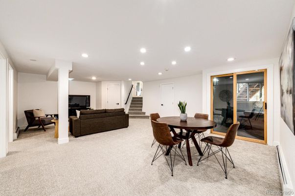 Dining room, Fireplace, Interior, Living room, Recessed Lighting