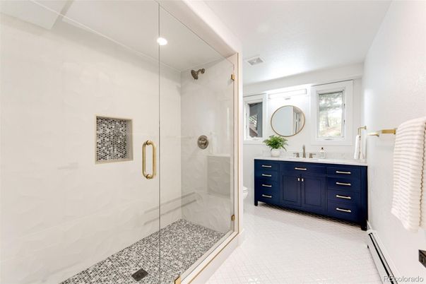 Bathroom, Dual Sink Vanities, Glass Shower, Interior, Recessed Lighting