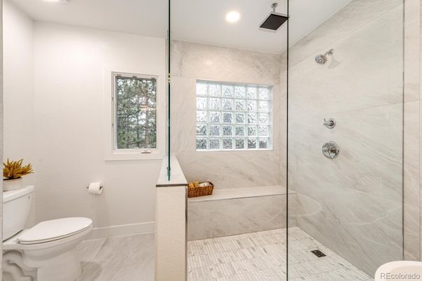 Bathroom, Glass Shower, Interior, Marble Walls, Recessed Lighting