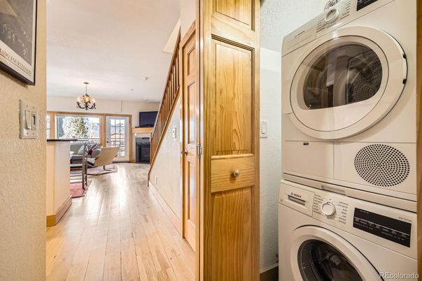 Chandelier, Fireplace, Interior, Recessed Lighting, Utility Closets, Washer, Wood Texture Flooring