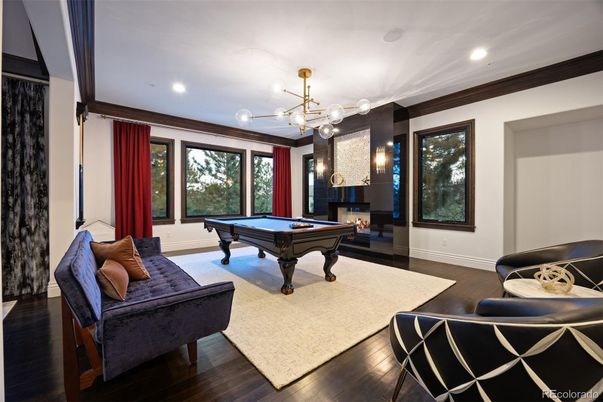 Billiard Table, Game Room, Interior, Pendant Lights, Recessed Lighting, Wood Texture Flooring