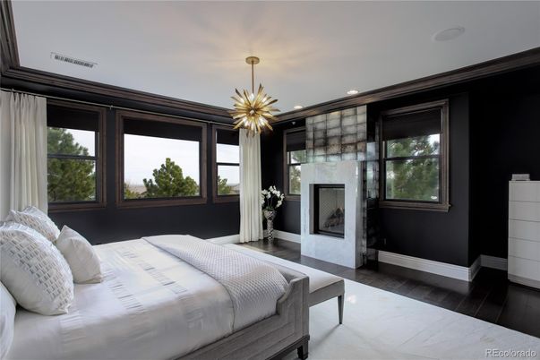 Bedroom, Fireplace, Interior, Pendant Lights, Recessed Lighting, Wood Texture Flooring