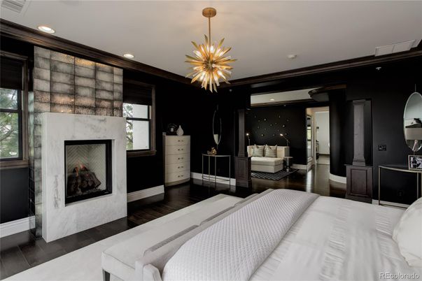 Bedroom, Fireplace, Interior, Pendant Lights, Recessed Lighting, Wood Texture Flooring