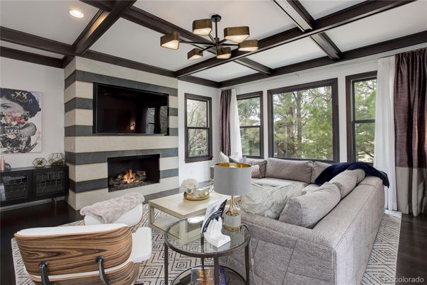 Fireplace, Interior, Living room, Recessed Lighting, Wood Texture Flooring