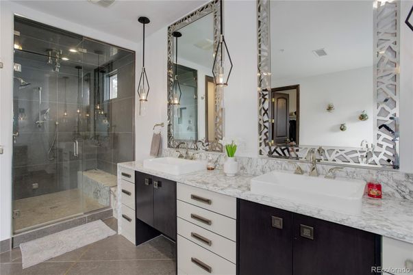 Bathroom, Dual Sink Vanities, Glass Shower, Interior, Pendant Lights