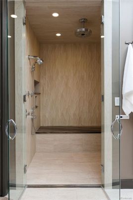 Bathroom, Glass Shower, Interior, Recessed Lighting, Wooden Ceilings, Wood Texture Flooring, Wooden Walls