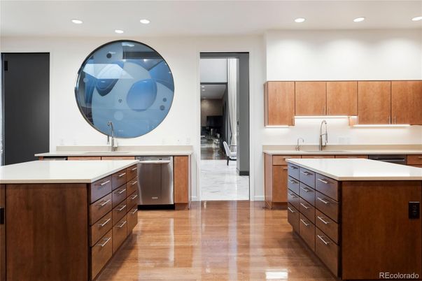 Interior, Kitchen, Marble, Recessed Lighting, Stainless Steel Appliances, Wood Texture Flooring