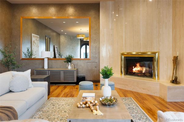 Fireplace, Interior, Living room, Recessed Lighting, Wood Texture Flooring