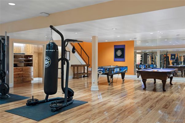 Billiard Table, Fitness Equipment, Game Room, Interior, Recessed Lighting, Wood Texture Flooring