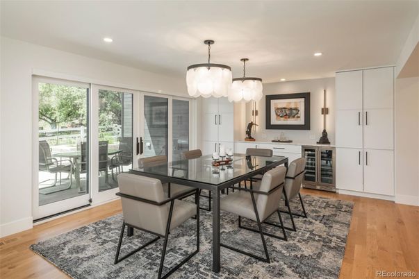 Dining room, Interior, Pendant Lights, Recessed Lighting, Wood Texture Flooring