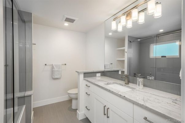 Bathroom, Dual Sink Vanities, Glass Shower, Interior, Recessed Lighting