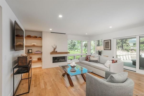 Fireplace, Interior, Living room, Recessed Lighting, Wood Texture Flooring