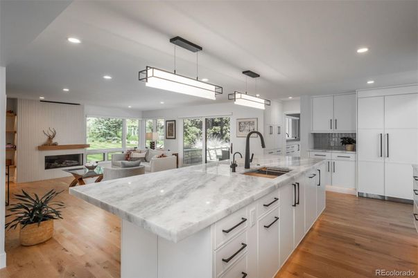 Fireplace, Interior, Kitchen, Living room, Pendant Lights, Recessed Lighting, Wood Texture Flooring