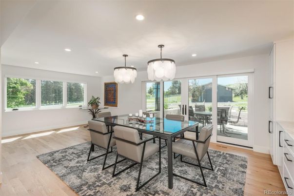 Dining room, Interior, Pendant Lights, Recessed Lighting, Wood Texture Flooring