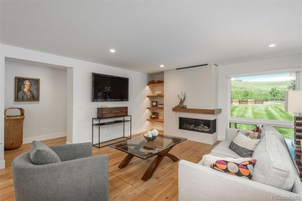 Fireplace, Interior, Living room, Recessed Lighting, Wood Texture Flooring