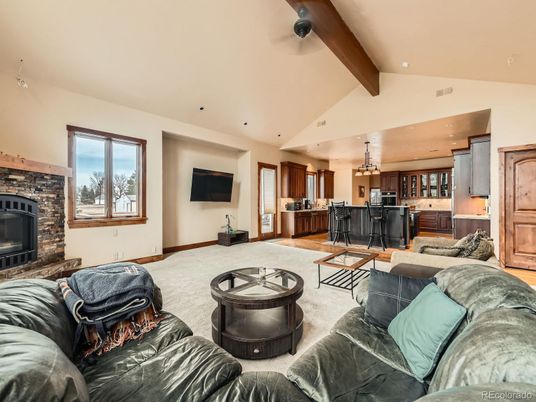 Fireplace, Interior, Kitchen, Living room, Pendant Lights, Recessed Lighting, Stone Walls, Wooden Beams