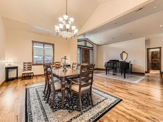 Chandelier, Dining room, Interior, Piano, Recessed Lighting, Wood Texture Flooring