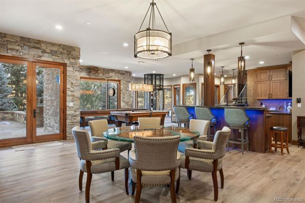 Billiard Table, Dining room, Game Room, Interior, Kitchen, Pendant Lights, Recessed Lighting, Stone Walls, Wood Texture Flooring
