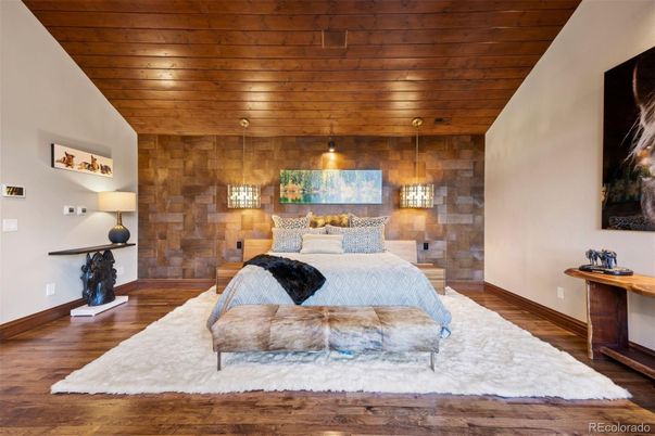Bedroom, Interior, Pendant Lights, Wooden Ceilings, Wood Texture Flooring, Wooden Walls