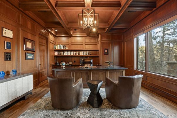 Home Office, Interior, Pendant Lights, Recessed Lighting, Wooden Beams, Wooden Ceilings, Wood Texture Flooring, Wooden Walls