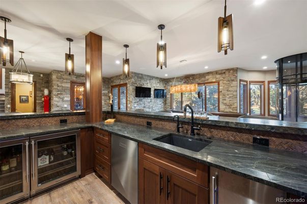 Interior, Kitchen, Pendant Lights, Recessed Lighting, Stone Walls, Wood Texture Flooring