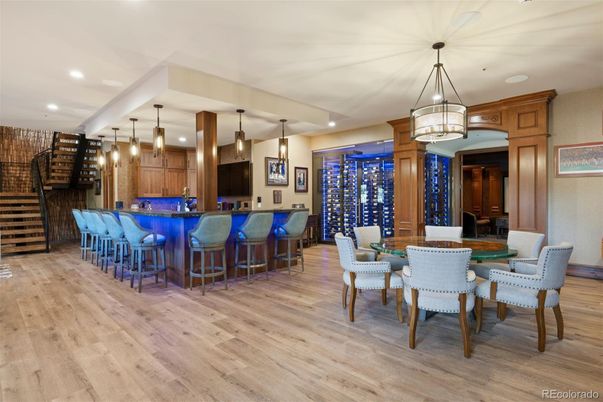 Dining room, Interior, Pendant Lights, Recessed Lighting, Wood Texture Flooring