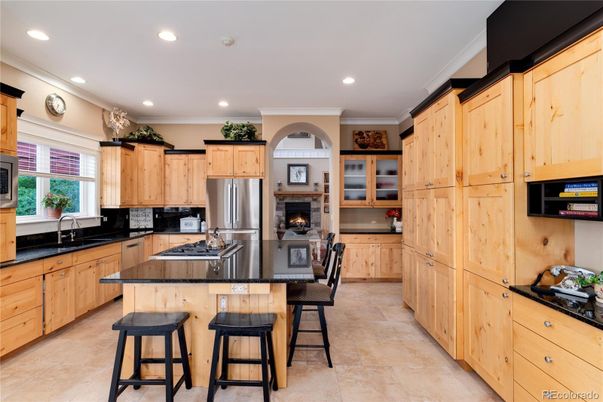 Fireplace, Interior, Kitchen, Recessed Lighting, Stainless Steel Appliances