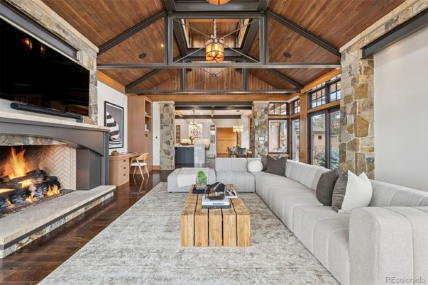Dining room, Fireplace, Interior, Kitchen, Living room, Pendant Lights, Stone Walls, Wooden Beams, Wooden Ceilings, Wood Texture Flooring