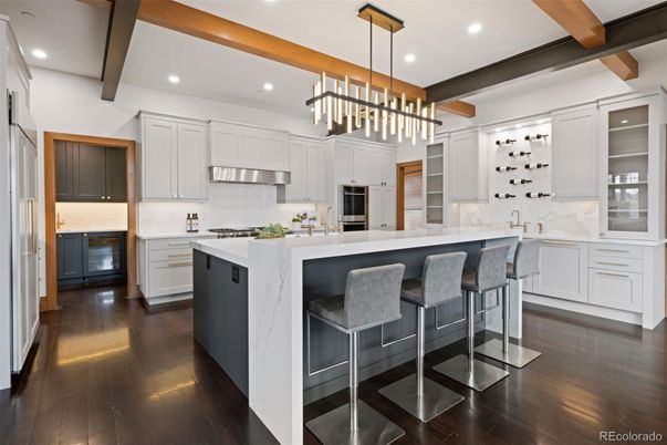 Interior, Kitchen, Pendant Lights, Recessed Lighting, Stainless Steel Appliances, Wooden Beams, Wood Texture Flooring
