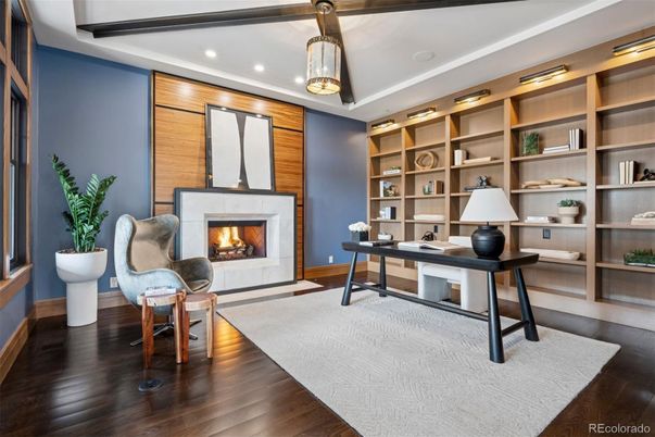 Fireplace, Home Office, Interior, Pendant Lights, Recessed Lighting, Wood Texture Flooring
