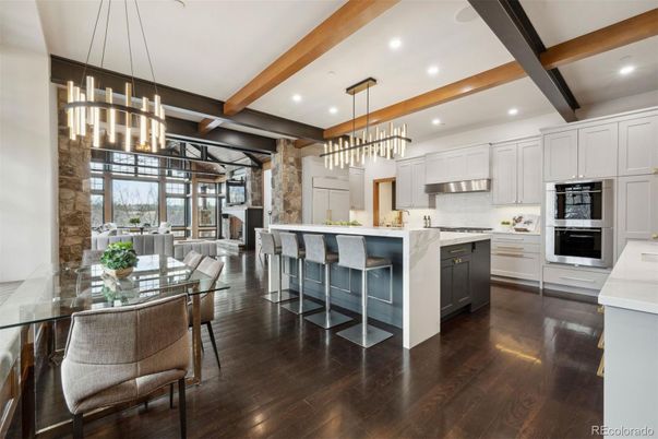 Dining room, Interior, Kitchen, Pendant Lights, Recessed Lighting, Stainless Steel Appliances, Wooden Beams, Wood Texture Flooring