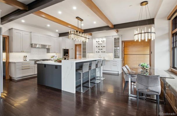 Interior, Kitchen, Pendant Lights, Recessed Lighting, Stainless Steel Appliances, Wooden Beams, Wood Texture Flooring