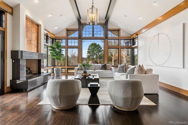 Chandelier, Fireplace, Interior, Living room, Recessed Lighting, Wood Texture Flooring