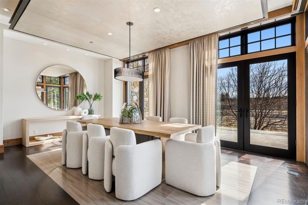 Dining room, Interior, Pendant Lights, Recessed Lighting, Wood Texture Flooring