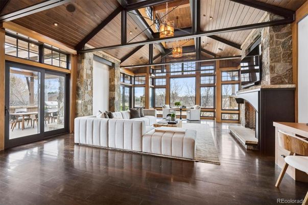 Fireplace, Interior, Living room, Recessed Lighting, Stone Walls, Wooden Beams, Wooden Ceilings, Wood Texture Flooring