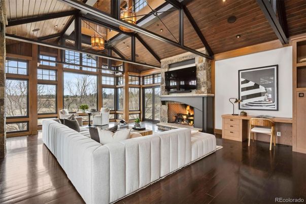 Fireplace, Interior, Living room, Pendant Lights, Recessed Lighting, Wooden Beams, Wooden Ceilings, Wood Texture Flooring