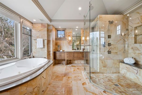 Bathroom, Glass Shower, Interior, Marble Walls, Recessed Lighting