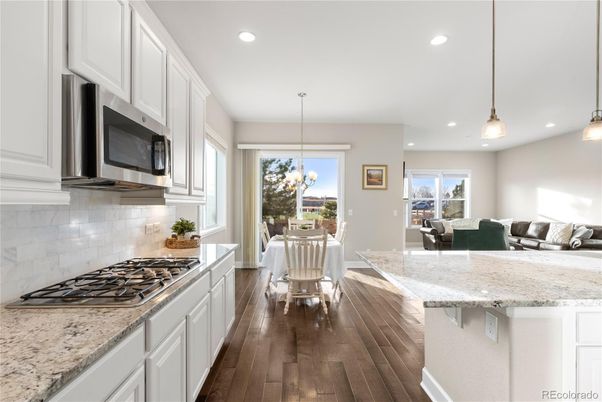 Dining room, Interior, Kitchen, Living room, Pendant Lights, Recessed Lighting, Wood Texture Flooring