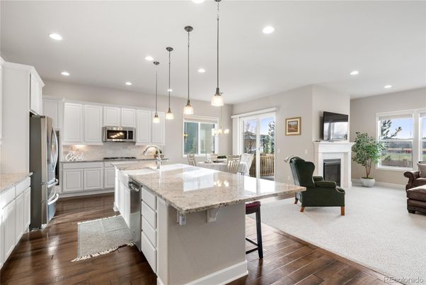 Dining room, Fireplace, Interior, Kitchen, Living room, Pendant Lights, Recessed Lighting, Stainless Steel Appliances, Wood Texture Flooring