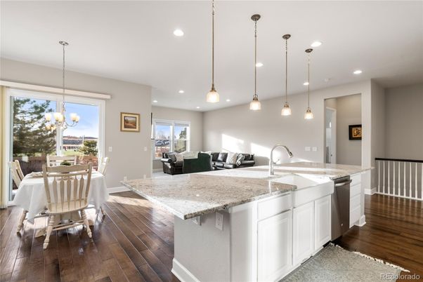 Dining room, Interior, Kitchen, Living room, Pendant Lights, Recessed Lighting, Stainless Steel Appliances, Wood Texture Flooring